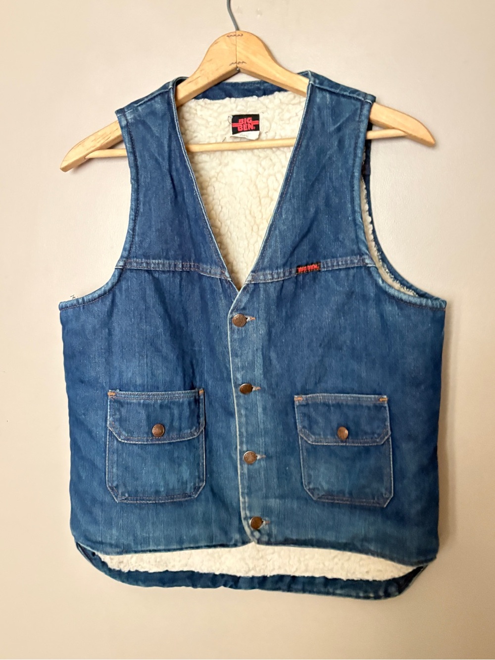 70s Big Ben Sherpa Lined Denim Vest USA Trucker Cowboy M EUC